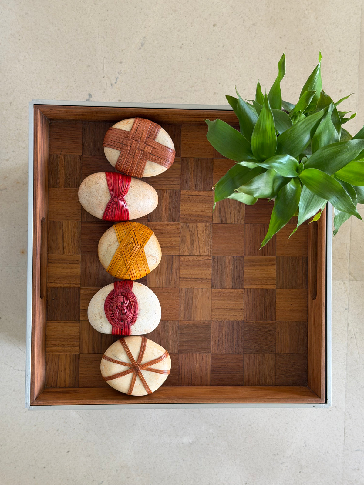 Cane-Wrapped Pebbles, Set of 5: Multicolour / White