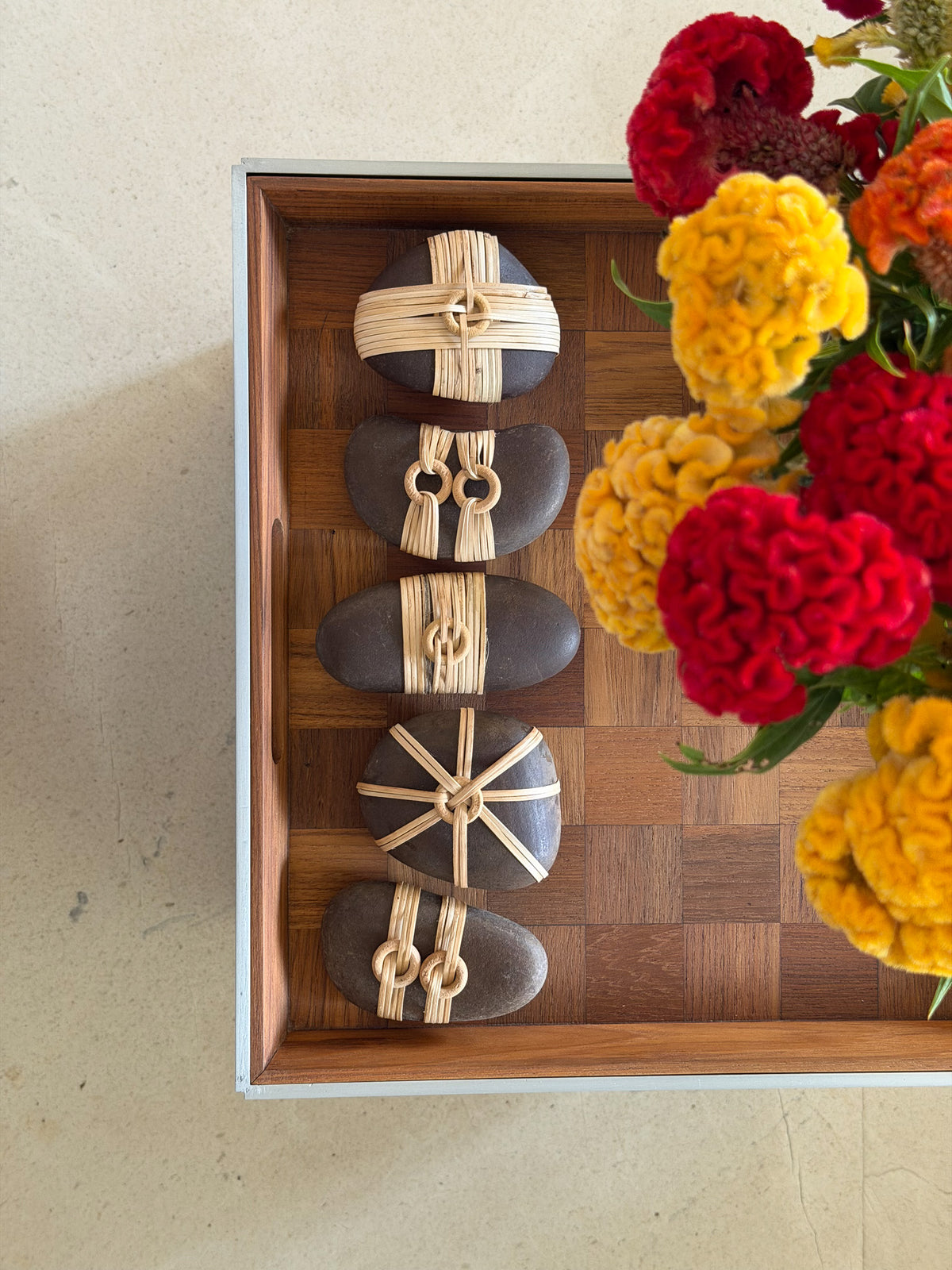 Cane-Wrapped Pebbles - Set of 5: Natural / Black