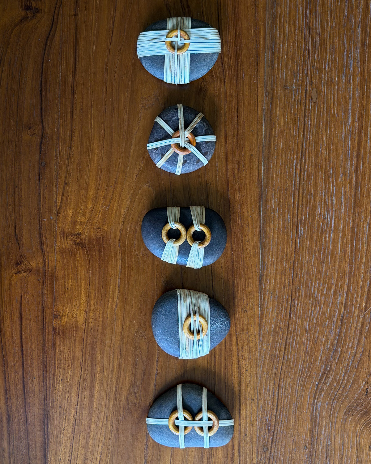 Cane-Wrapped Pebbles - Set of 5: Natural / Black